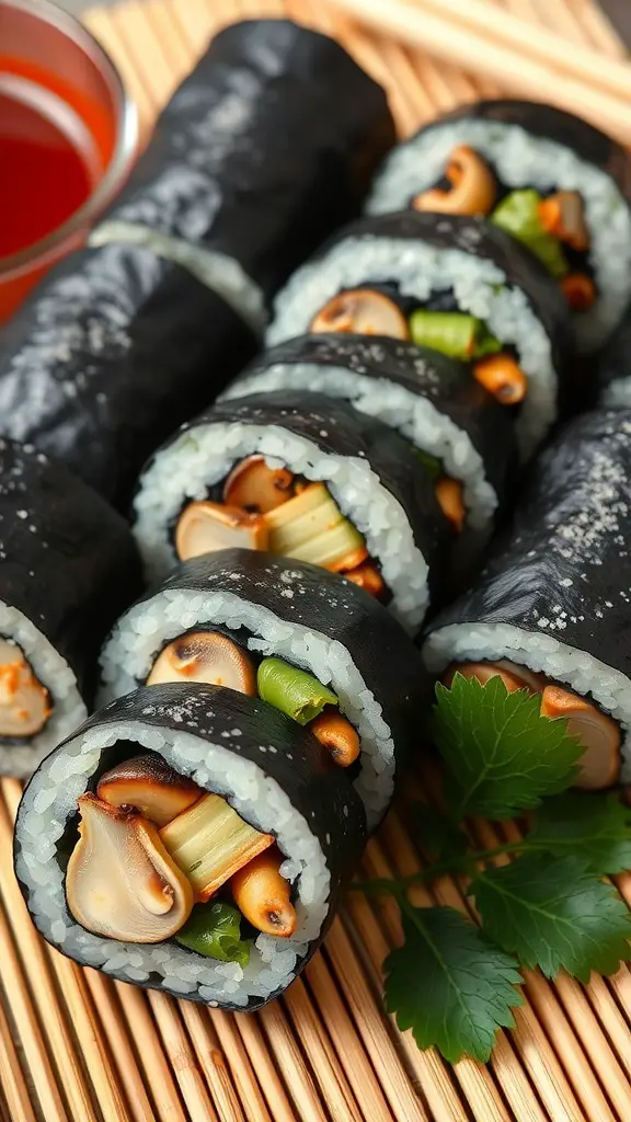 Eggplant and mushroom sushi rolls served on a bamboo mat