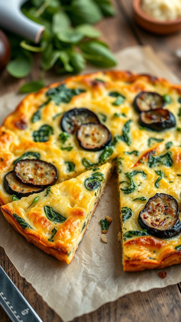 A delicious eggplant and spinach frittata sliced into wedges, garnished with fresh basil leaves.