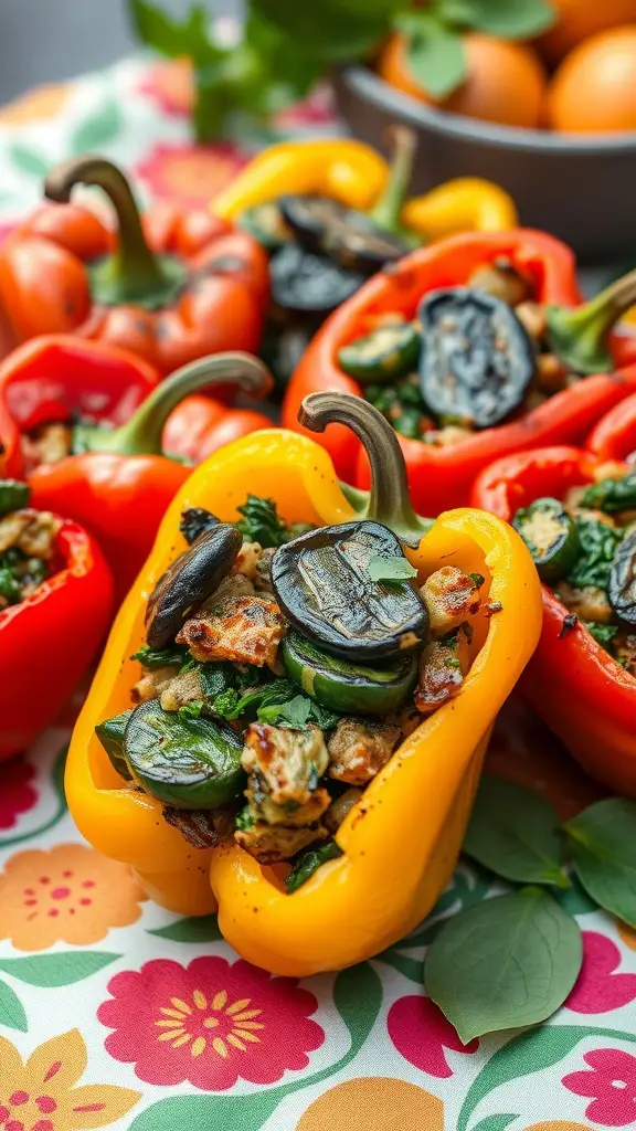 Stuffed bell peppers with eggplant and spinach filling, grilled to perfection
