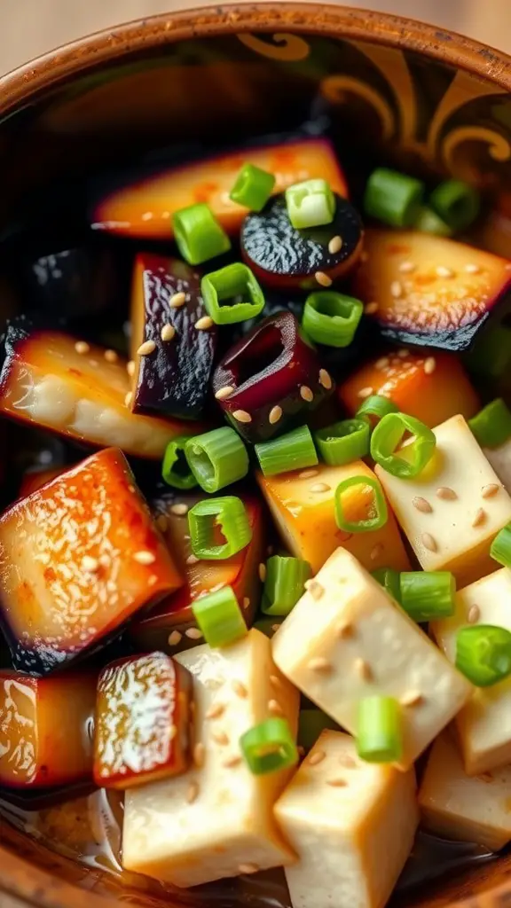 Bowl of eggplant and tofu donburi with green onions and sesame seeds