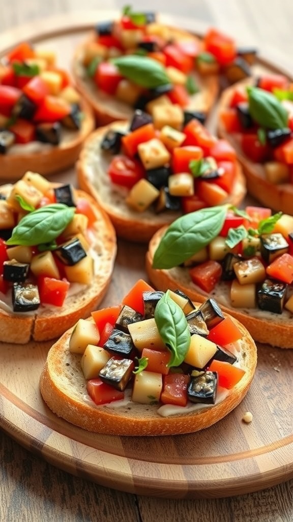 Bruschetta topped with eggplant, tomatoes, and basil on toasted bread