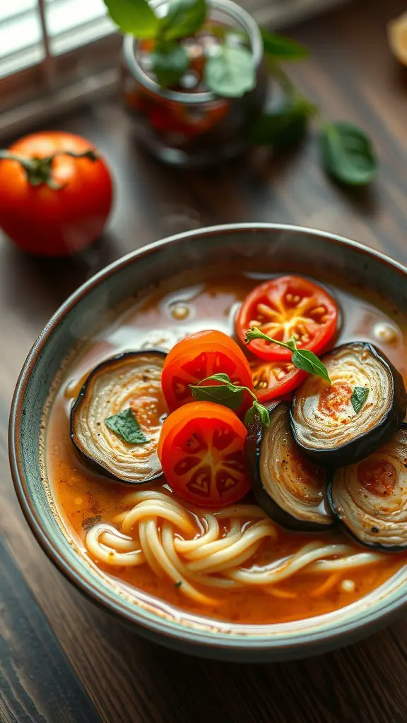 A bowl of ramen with eggplant and tomatoes, garnished with herbs.