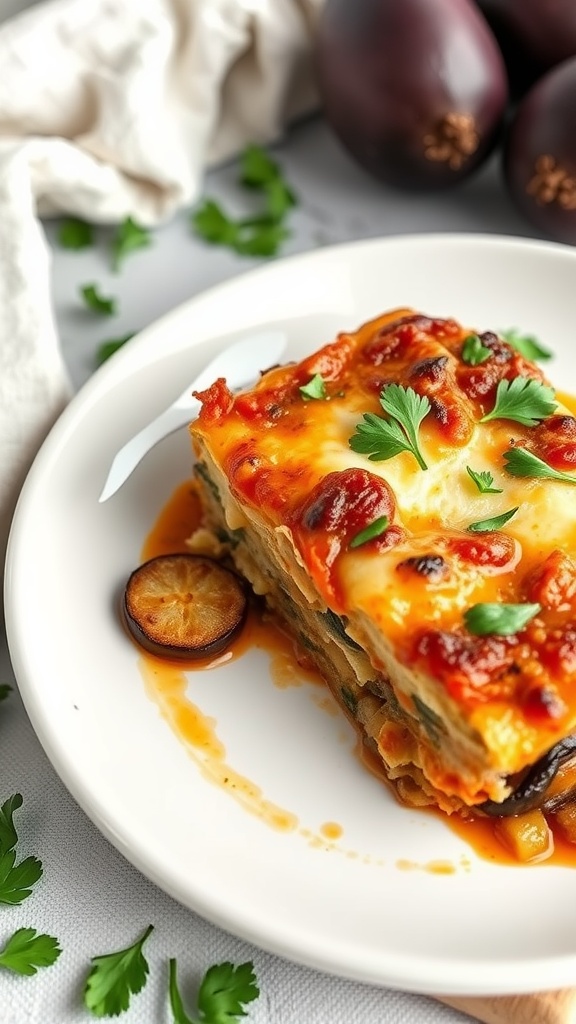 A slice of eggplant moussaka garnished with parsley, showcasing layers of eggplant, meat sauce, and béchamel.