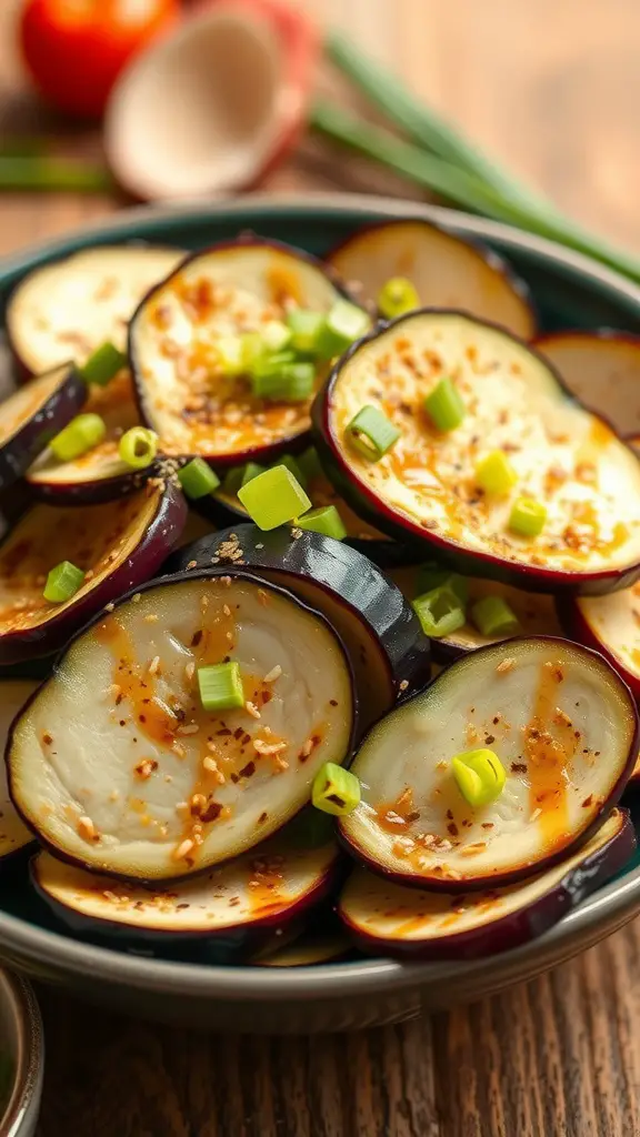 Delicious eggplant salad with sesame dressing topped with green onions
