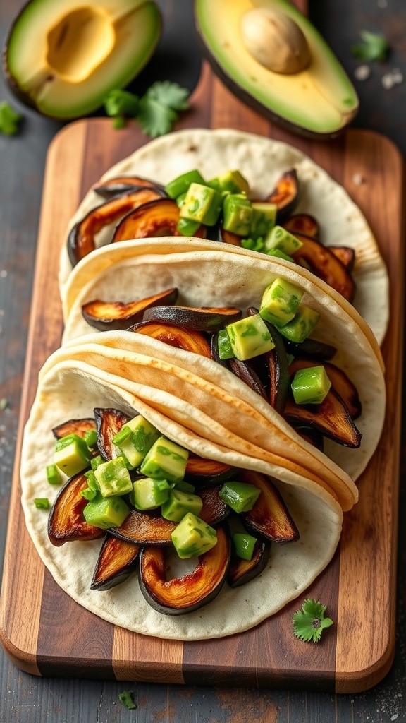 Three eggplant tacos topped with avocado salsa on a wooden board.