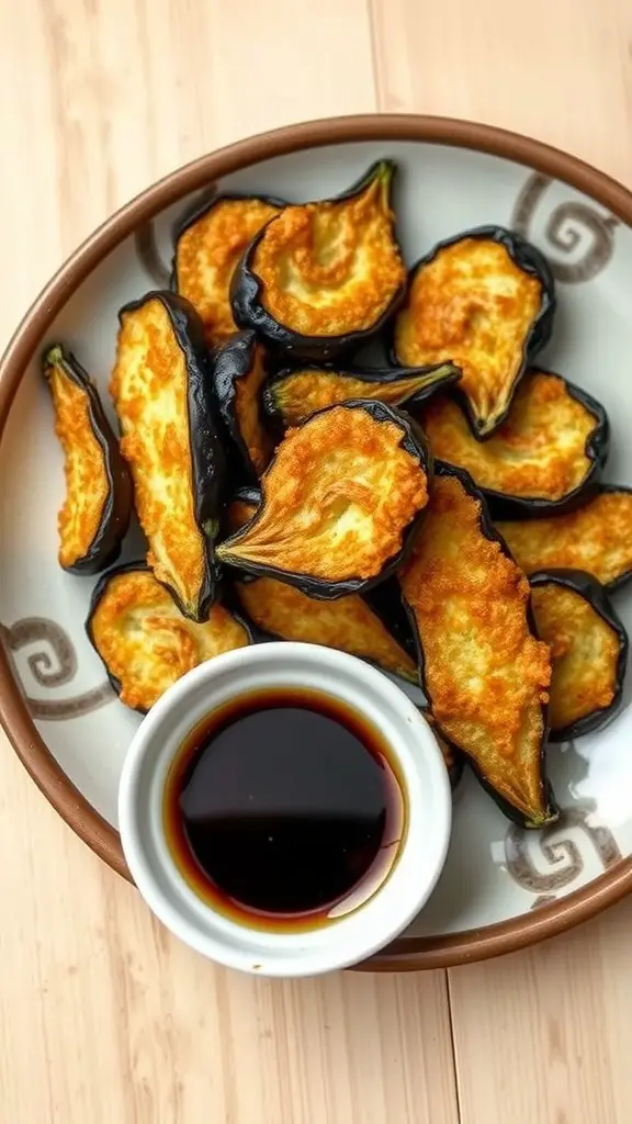 Plate of crispy eggplant tempura with dipping sauce