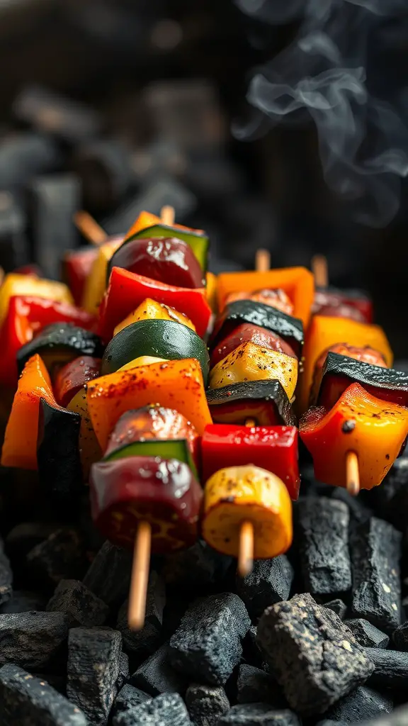 Grilled skewers of eggplant, zucchini, and bell pepper with smoke rising.