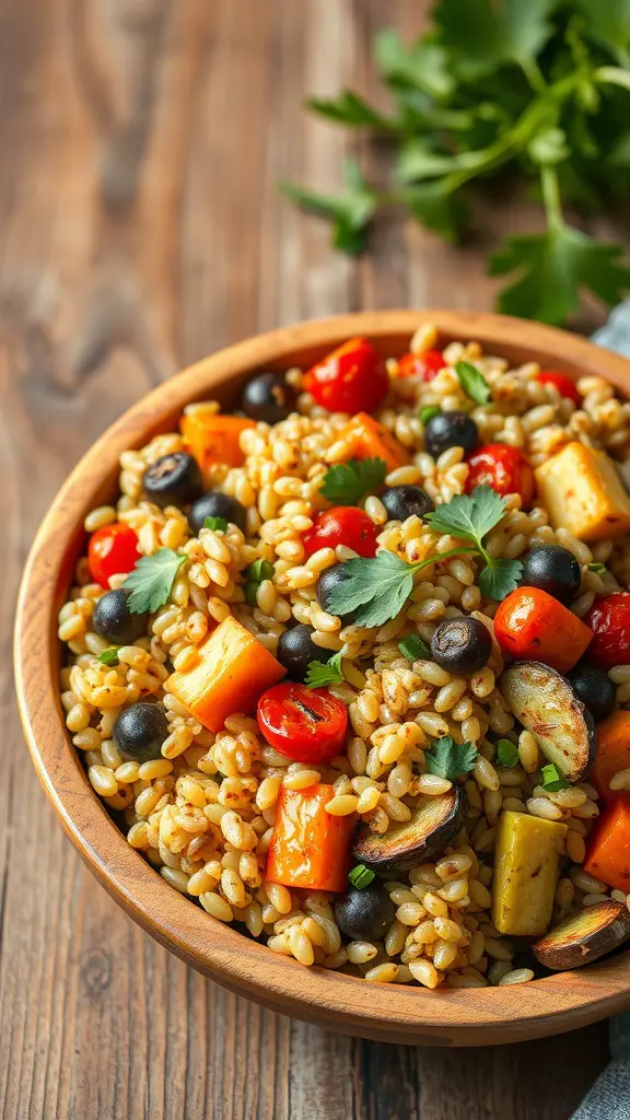 A bowl of farro salad with roasted vegetables, including peppers, tomatoes, and olives.
