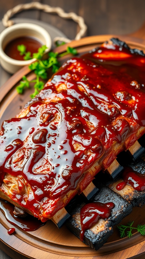 Delicious Five-Spice Pork Ribs glazed with barbecue sauce.