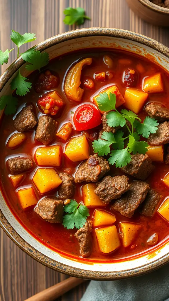 A bowl of beef chili with summer vegetables, garnished with cilantro.