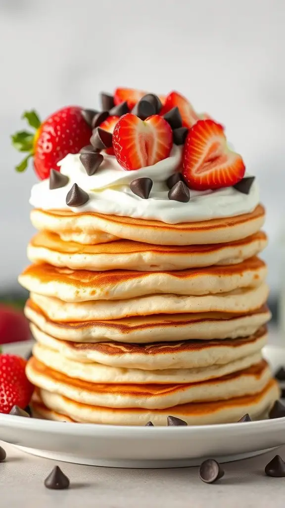 Stack of fluffy pancakes topped with whipped cream, chocolate chips, and fresh strawberries
