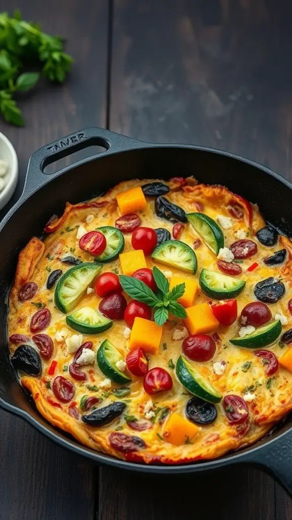 A delicious frittata filled with seasonal vegetables like zucchini, cherry tomatoes, and bell peppers, topped with feta cheese.