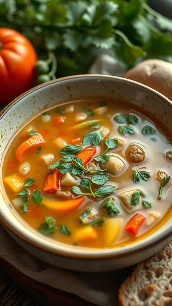 A bowl of garden vegetable soup garnished with fresh herbs