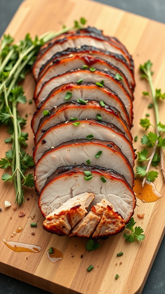 Sliced pork tenderloin on a wooden board garnished with herbs