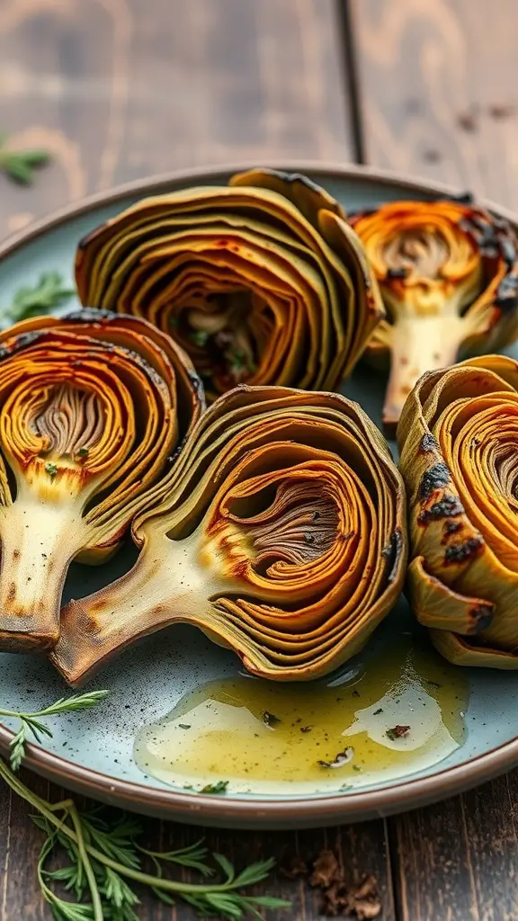 Plate of grilled artichokes drizzled with olive oil and garnished with herbs.