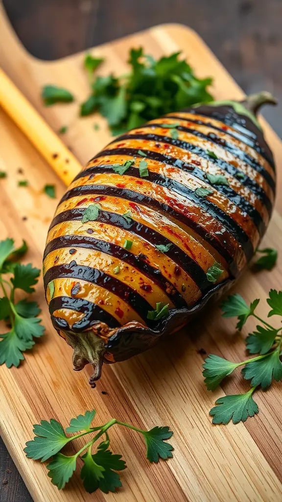 Grilled eggplant with herbs and garlic on a wooden cutting board