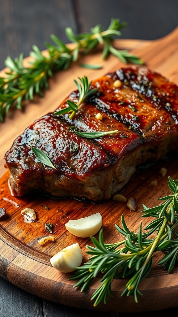 Grilled tenderloin garnished with garlic and rosemary on a wooden board.