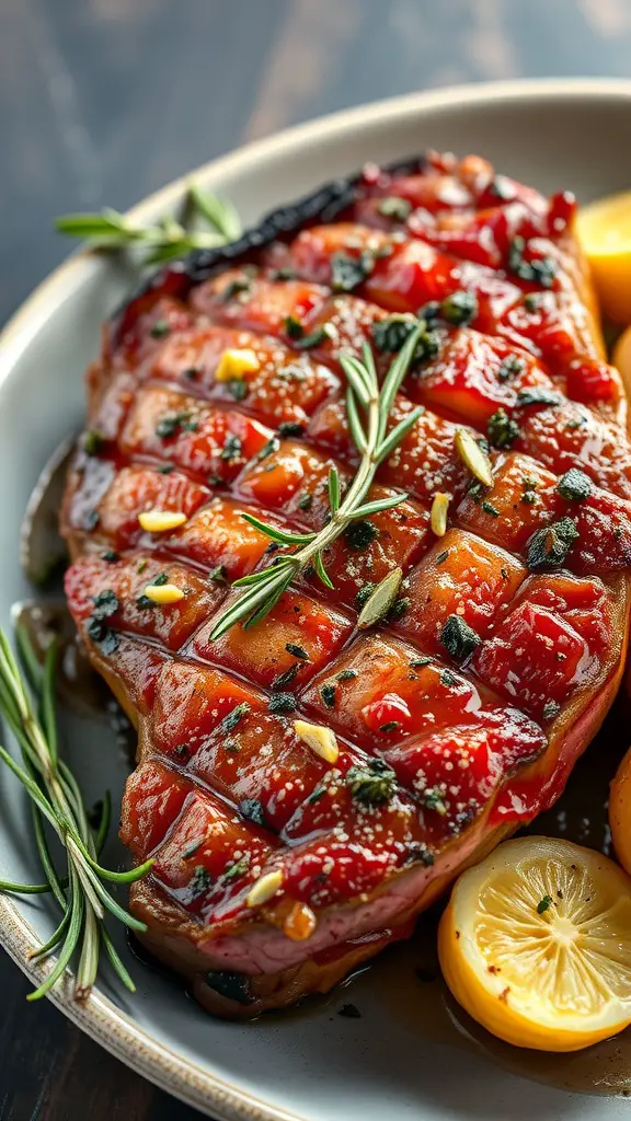 A beautifully grilled ribeye steak garnished with garlic, rosemary, and lemon slices.