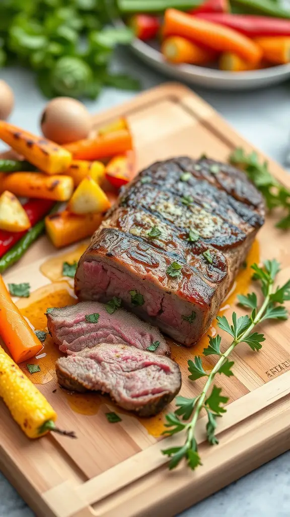 Garlic Butter Beef Tenderloin with grilled vegetables on a wooden cutting board.