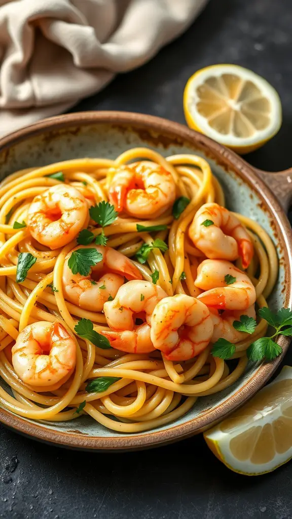 A delicious serving of garlic butter shrimp pasta garnished with parsley and served in a bowl.