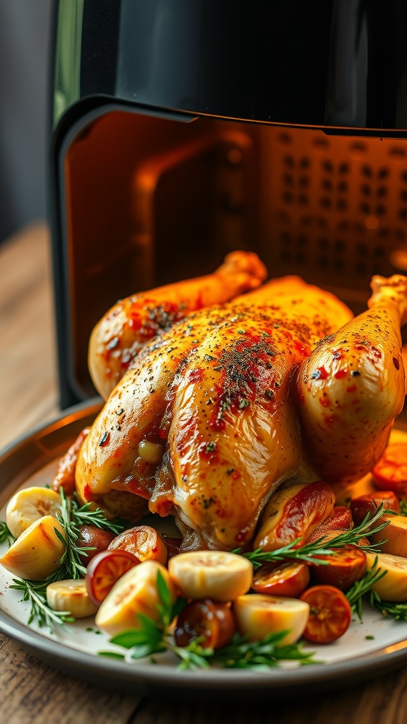A beautifully roasted whole chicken with garlic and herbs, presented on a plate with vegetables.