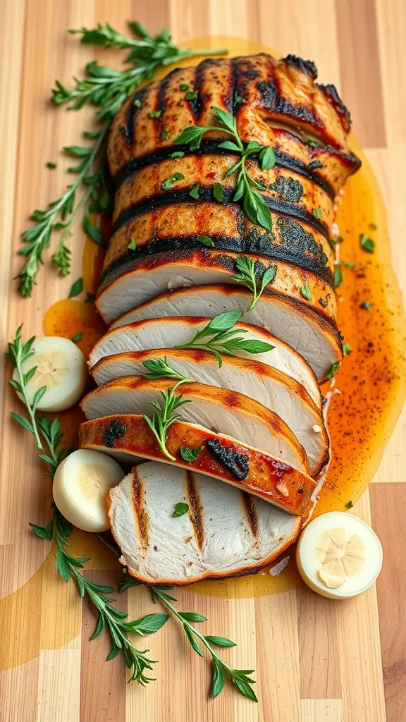 Sliced garlic herb grilled pork loin garnished with herbs.