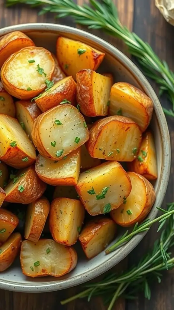 A bowl of golden, crispy roasted potatoes garnished with herbs