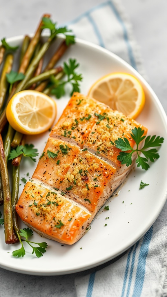Garlic Parmesan Crusted Salmon with lemon and herbs