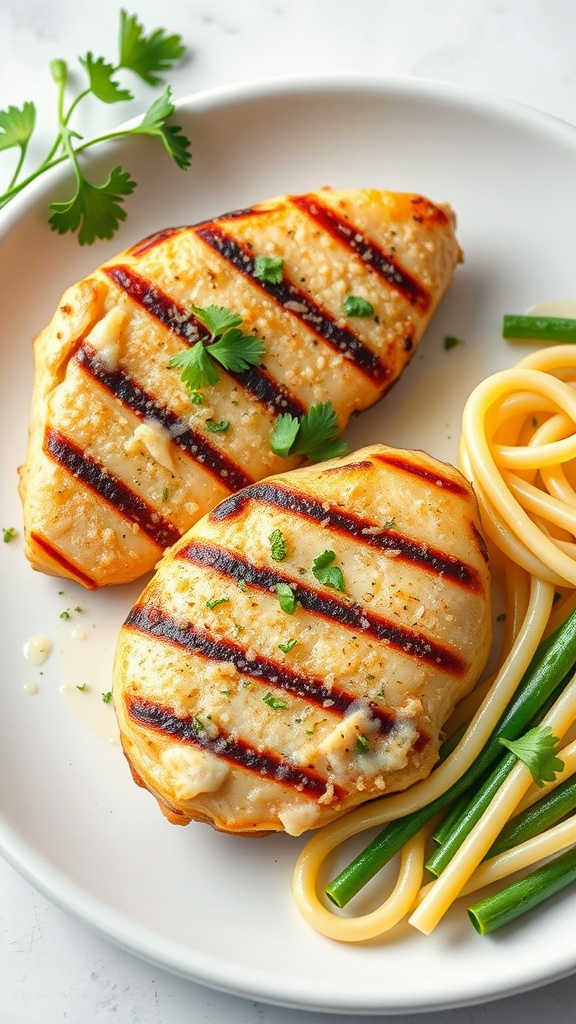 Garlic Parmesan Grilled Chicken on a plate with pasta