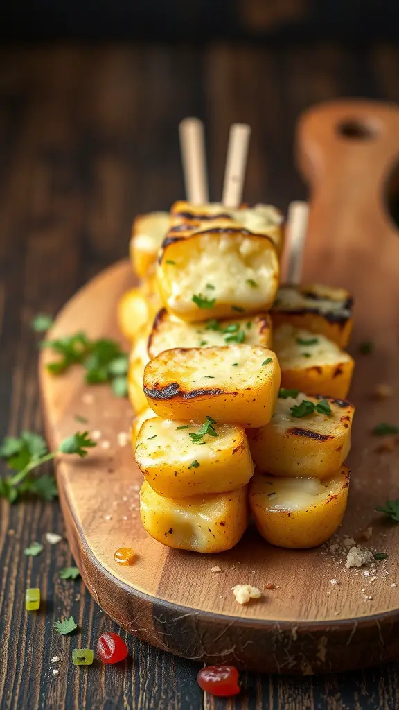 Garlic Parmesan Grilled Potato Skewers arranged on a wooden cutting board