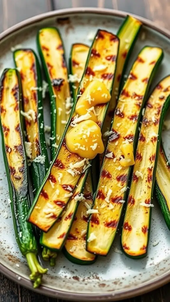 Grilled zucchini slices topped with garlic and Parmesan cheese