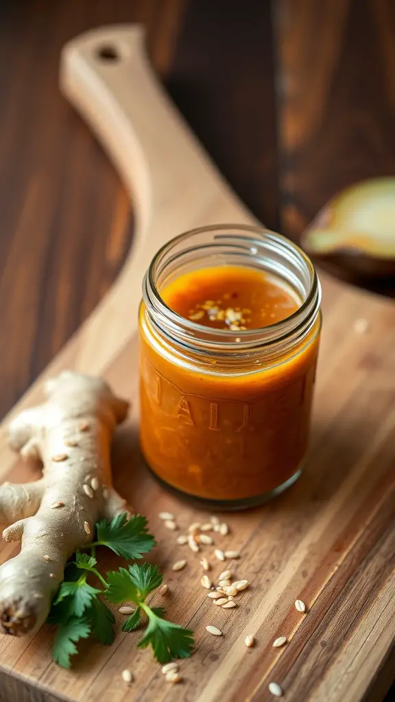 A jar of ginger sesame barbecue sauce next to ginger root and sesame seeds
