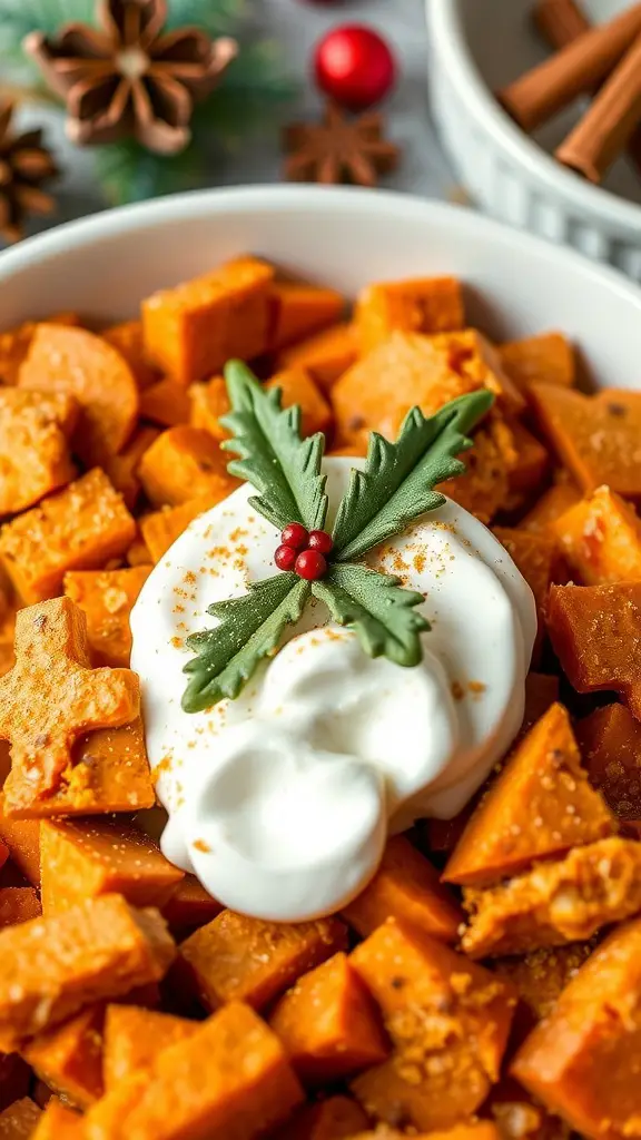 A delicious Gingerbread Sweet Potato Casserole topped with gingerbread cookies and pecans.