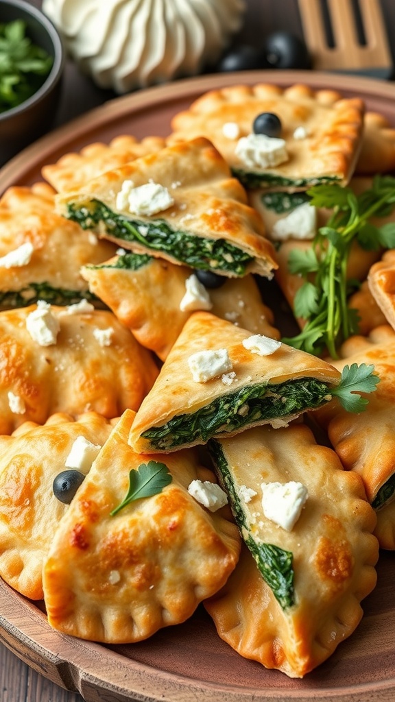 Delicious Greek Spanakopita filled with spinach and feta cheese, arranged on a platter.