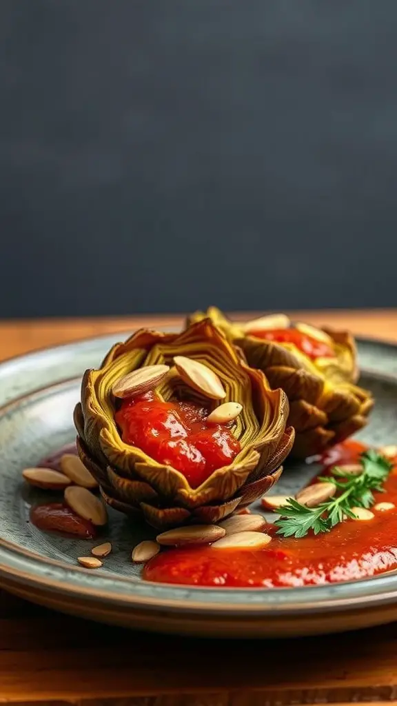 Grilled artichokes served with romesco sauce and garnished with almonds