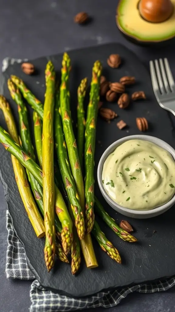 Grilled asparagus with creamy avocado sauce served on a slate board