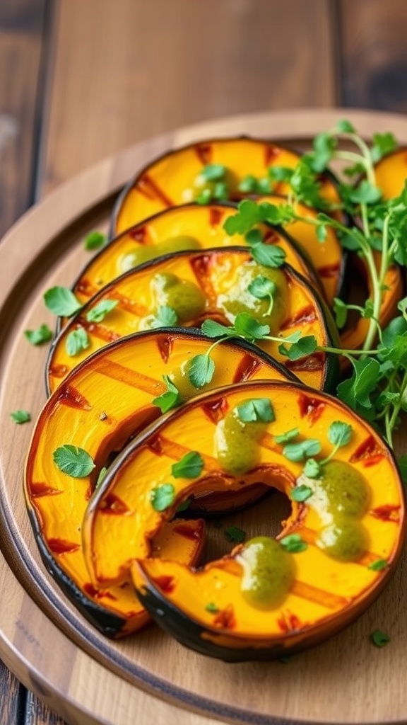 Grilled butternut squash slices garnished with herb dressing