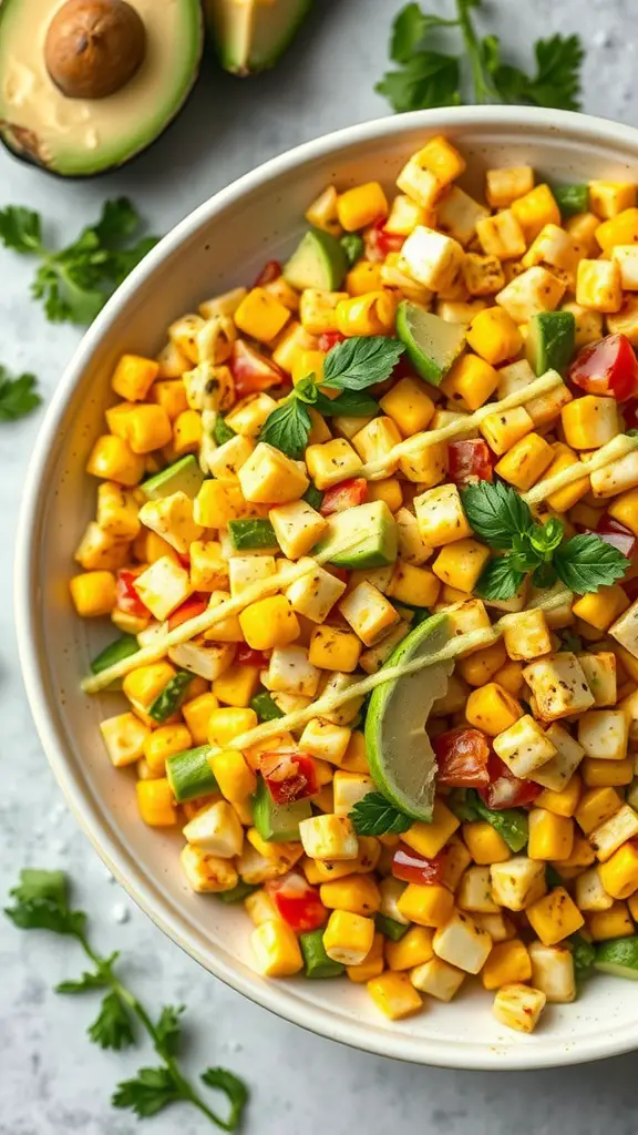 A vibrant bowl of grilled corn and avocado salad with diced vegetables and fresh herbs.