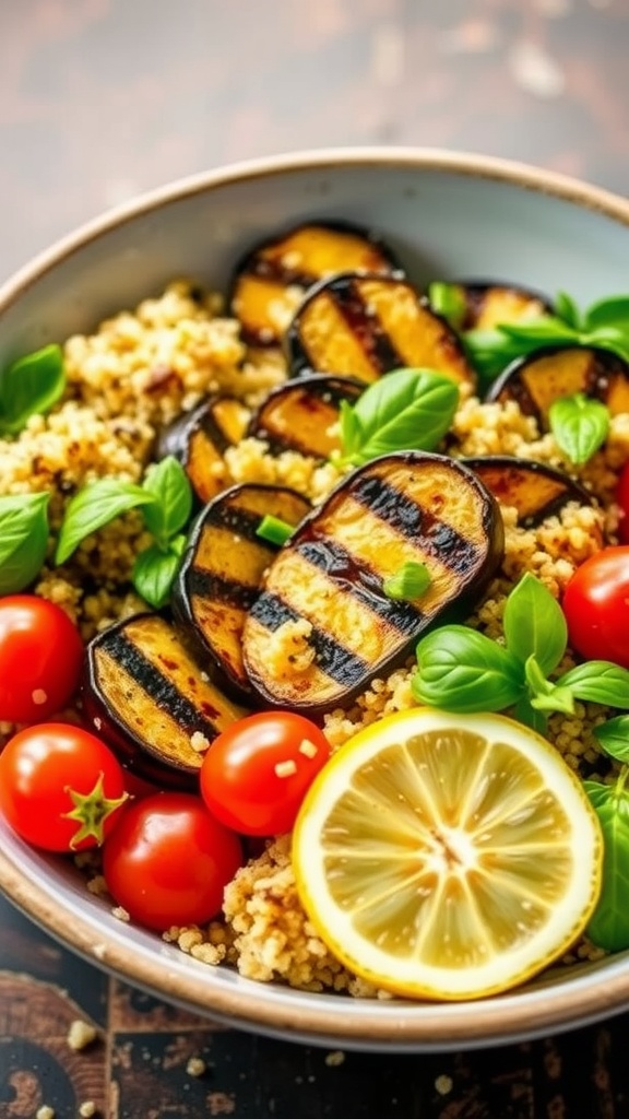 Grilled eggplant and quinoa salad in a bowl