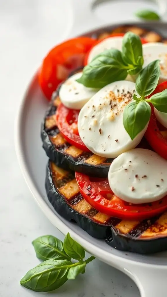 Grilled eggplant and tomato stack with mozzarella and basil
