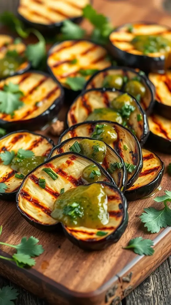 Grilled eggplant slices drizzled with chimichurri sauce on a wooden serving board.