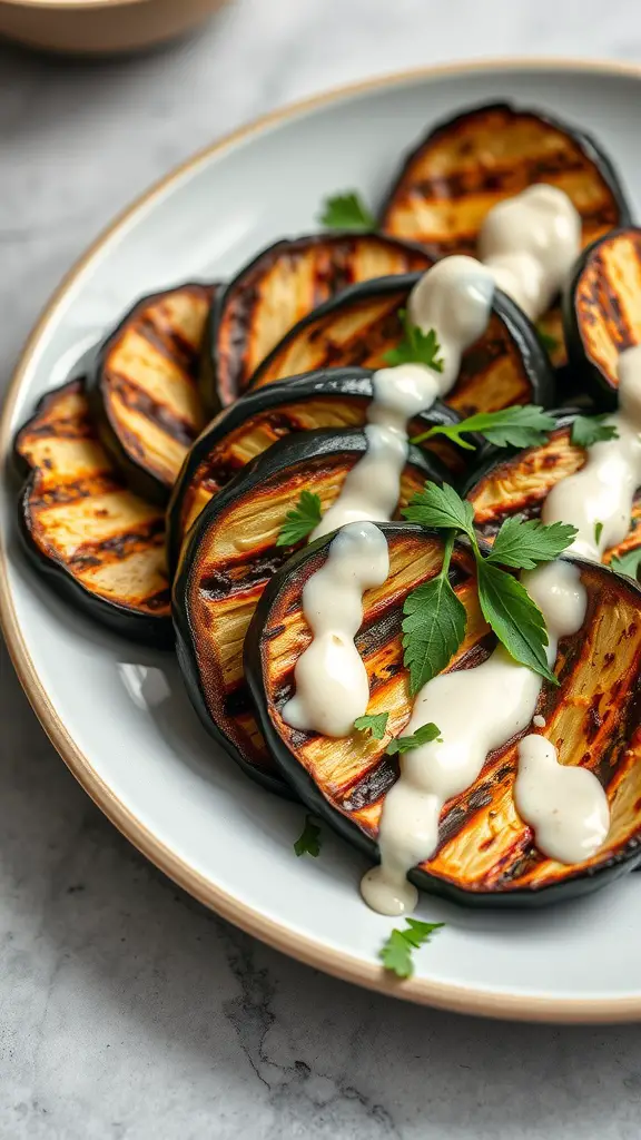 Grilled eggplant slices drizzled with tahini sauce and garnished with parsley on a plate.