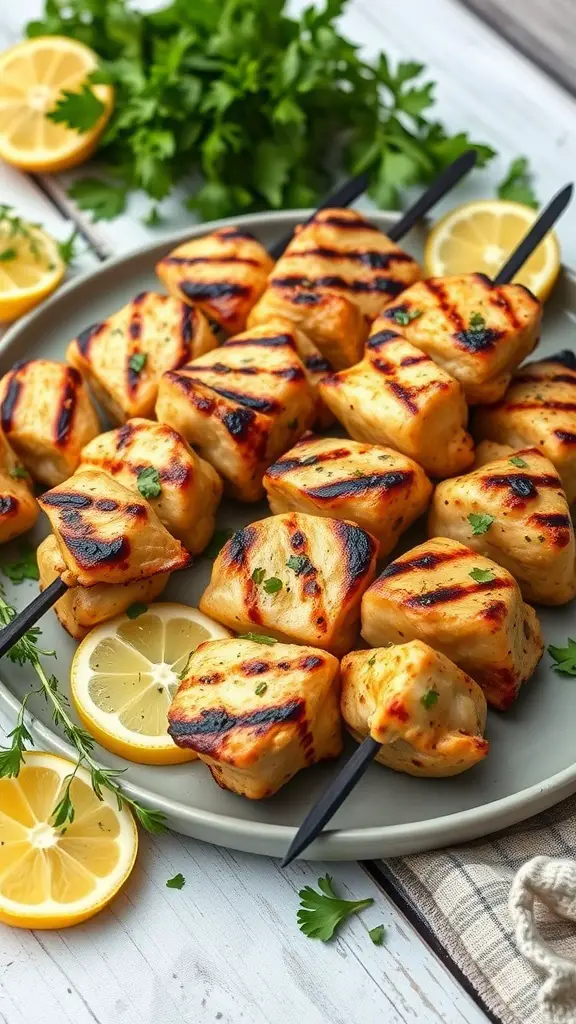 Grilled lemon herb chicken skewers served with lemon slices and garnished with herbs