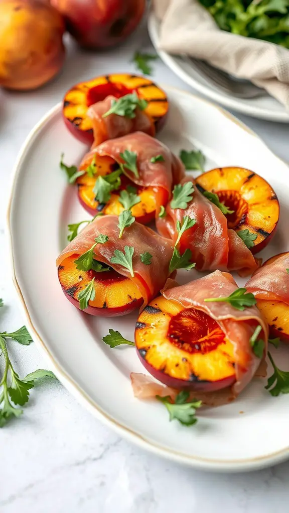 Grilled Peach and Prosciutto Bites served on a platter, garnished with parsley.