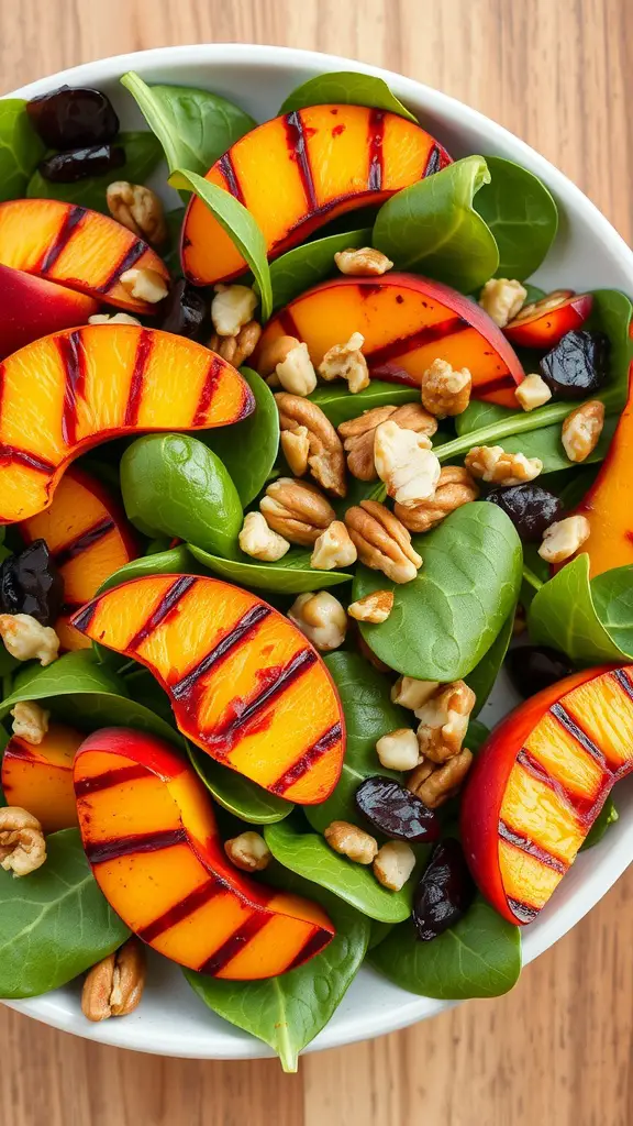 Grilled Peach and Spinach Salad with walnuts and feta cheese
