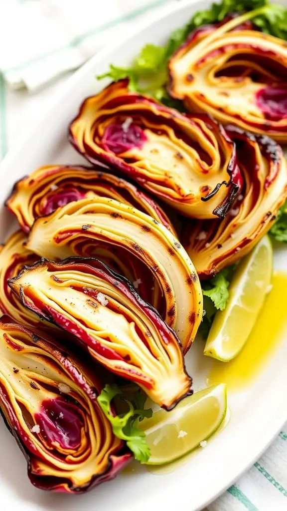 Grilled radicchio served on a plate with olive oil and sea salt.