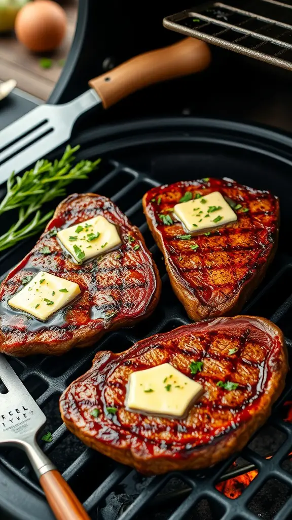 Grilled ribeye steaks with garlic butter