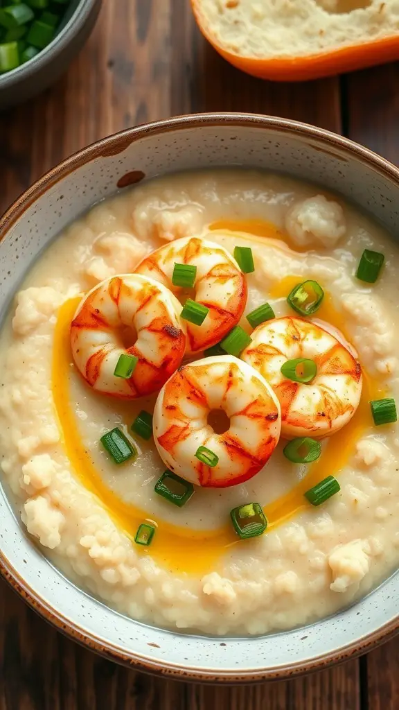 A bowl of creamy grits topped with grilled shrimp and garnished with green onions.