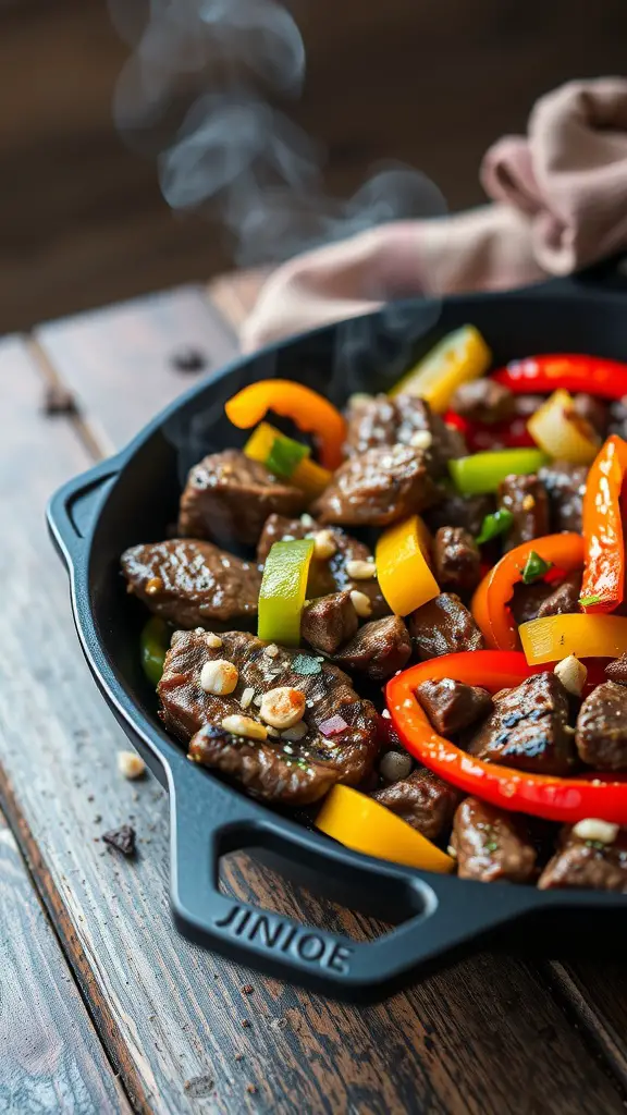 Grilled steak fajitas with colorful peppers and onions in a skillet