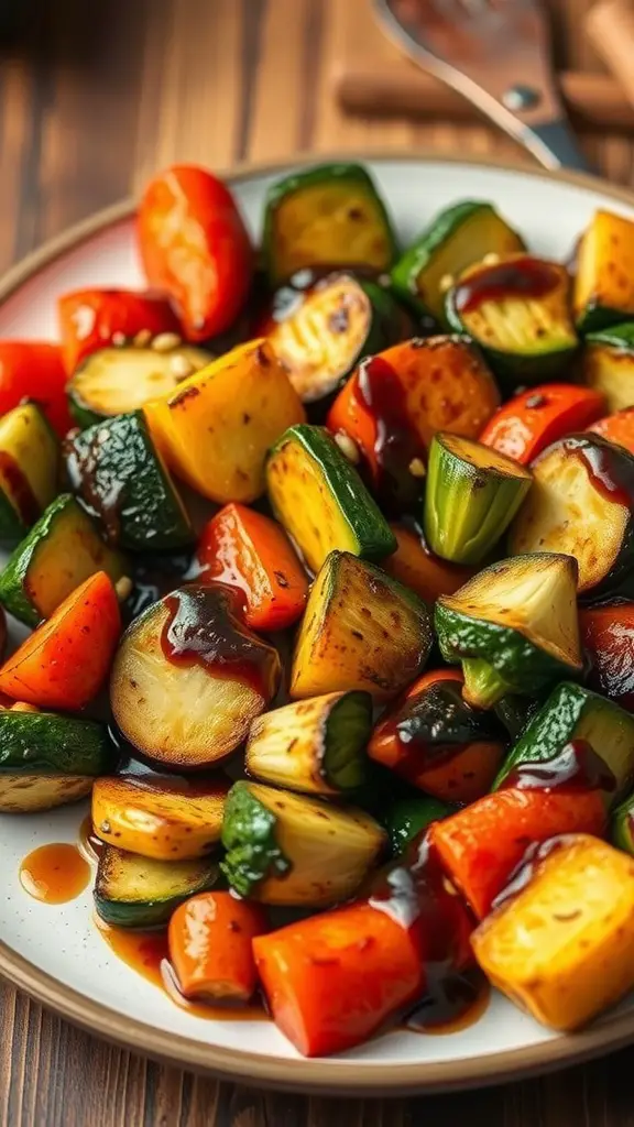 A colorful plate of grilled vegetables with a balsamic drizzle